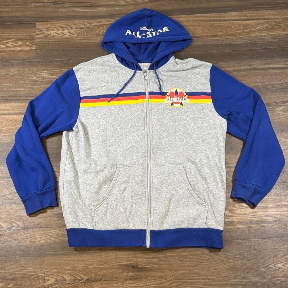 Disney All Star Zip Up Hoodie with blue sleeves and gray body with a horizontal